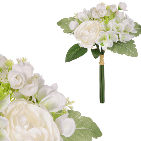Hortenzie a kamélie v pugetu, bílá barva. KUY082 WT
