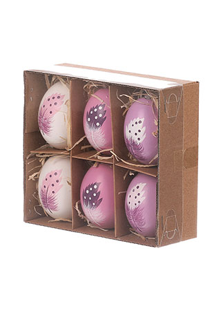 Malovaná vajíčka, pravá slepičí, dekor peří. Cena za 6ks v krabičce. VEL6029