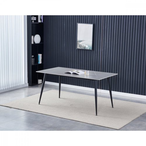 Stůl jídelní 160x90x76 cm, deska slinutý kámen v imitaci matného mramoru, černé kovové nohy HT-406M GREY