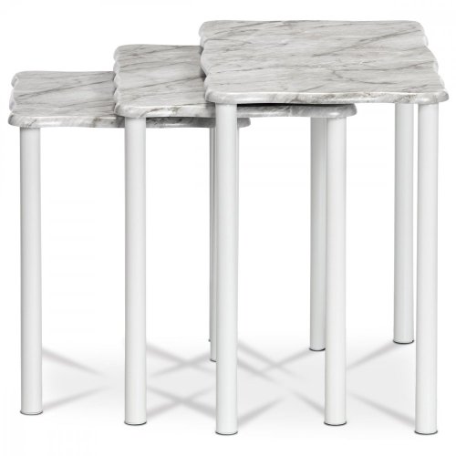 Přístavné a odkládací stolky, set 3 ks, deska šedobílý mramor, kovové nohy, bílý 20658-04 WT