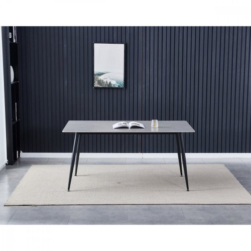 Stůl jídelní 160x90x76 cm, deska slinutý kámen v imitaci matného mramoru, černé kovové nohy HT-406M GREY