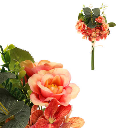 Růže a hortenzie v pugetu, oranžová barva. KUY085 OR