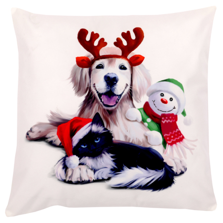 Polštář s výplní, samet. Vánoční motiv, pes, kočka a sněhulák. 45x45 cm. UBR076-1