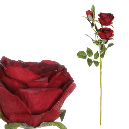 Růže, dva květy s poupětem, barva červená Květina umělá. KN5115-RED