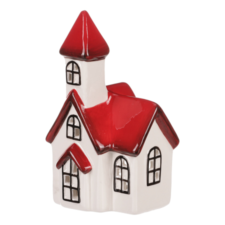 Keramický domek na čajovou svíčku. Bílá barva s červenou střechou. ALA613-WH-RED