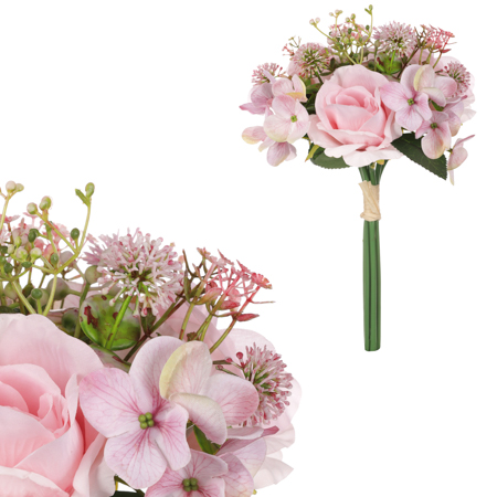 Hortenzie a růže v pugetu, světle růžová barva. KUY084 PINK-LT