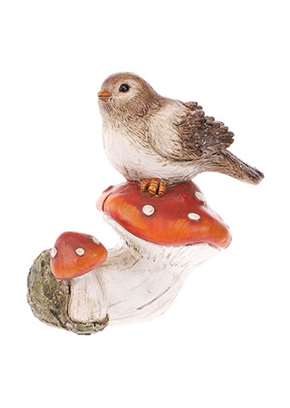 Ptáček sedící na oranžové houbě. Polyresin. ALA278-OR