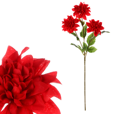 Jiřina na stonku, 3 květy v červené barvě. KN6126-RED