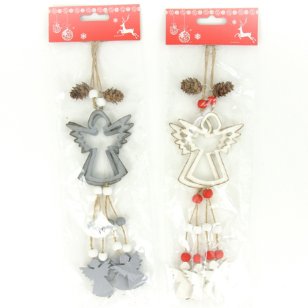Andělíček, vánoční dřevěná dekorace na pověšení, barva bílá, šedá, 2 kusy v sáč AC7122