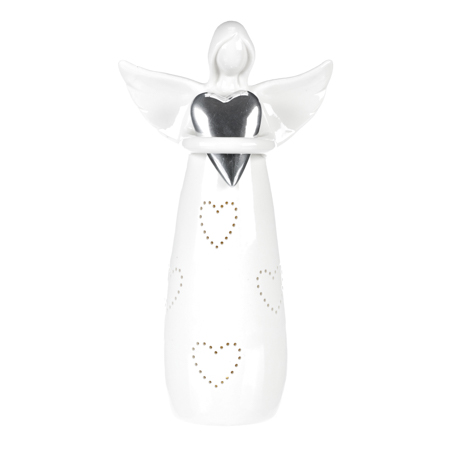 Anděl porcelánový, se stříbrným srdcem, s LED světlem. ARK3606 SIL