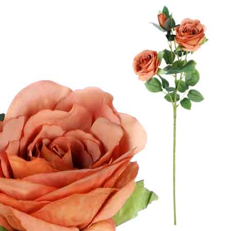 Růže, dva květy s poupětem, barva meruňková Květina umělá. KN5115-APPR