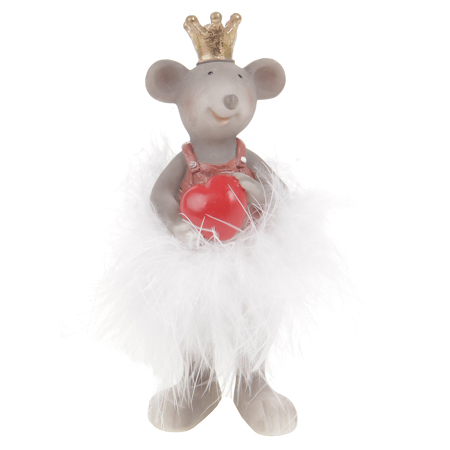 Myška s korunkou a bílou sukní z peří, polyresinová dekorace. ZP2261