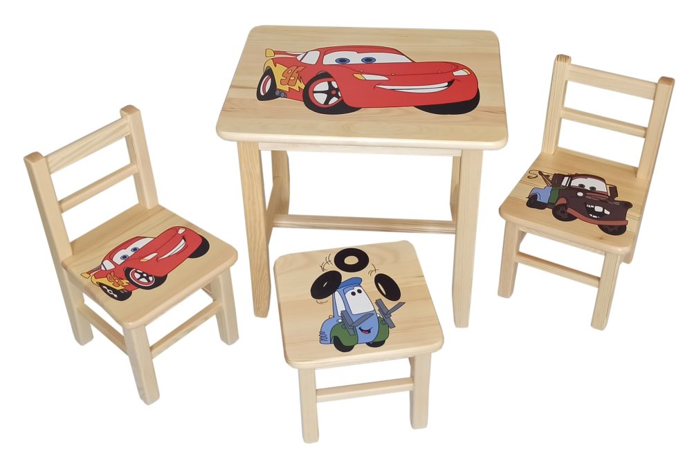 Dětský stůl se třemi židlemi Wood Cars