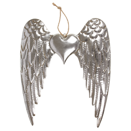 Křídla se srdíčkem, kovová dekorace na zavěšení, barva stříbrná UM0743